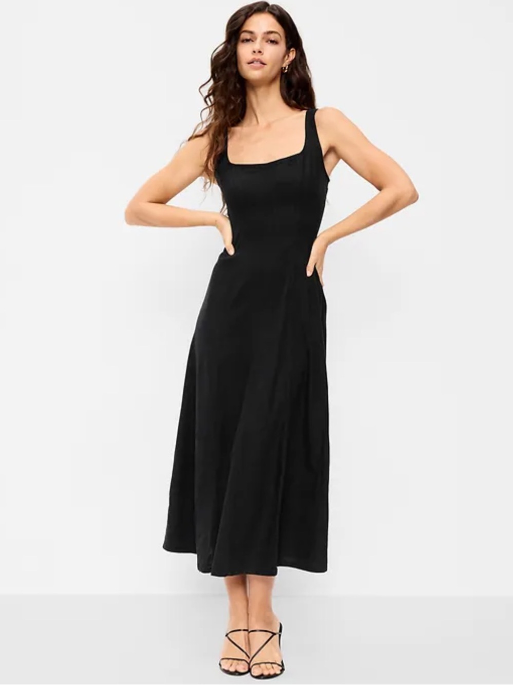 Old Navy Fit N Flare Midi A-Line Black Neutral Linen-Blend Sleeveless Dress